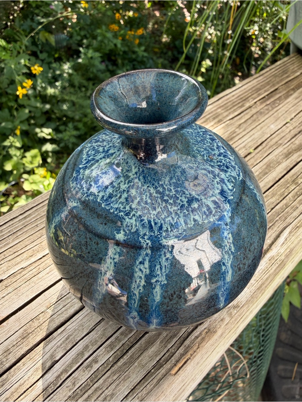 Glazed Born/Polly 4” Bud Vase 4” Ht. X 4” W Blues Shiny Glaze Boulder Colorado